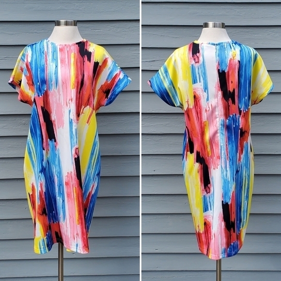 Eloquii Multicolor Rainbow Watercolor Abstract Striped Print Plus Size Dress 16 - Picture 1 of 4